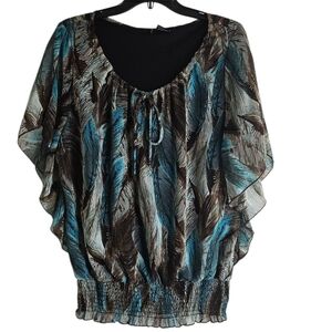 New Direction Womens Brown Turquoise Feather Print Short Sleeve Top XL